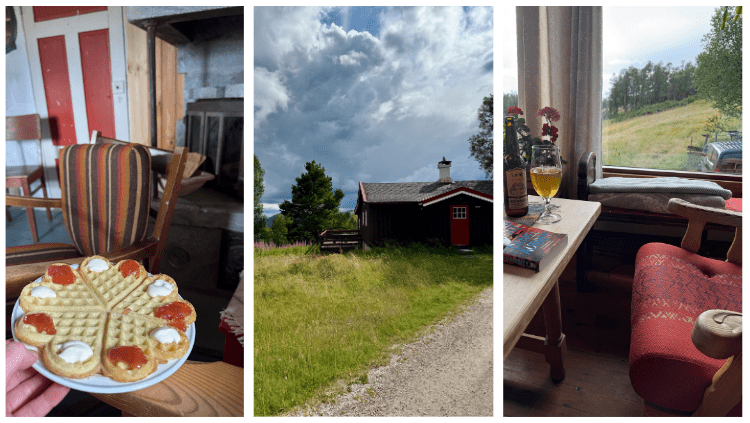 Images of hiking lodge accommodation, a cosy corner with a beer and a plate of waffles 