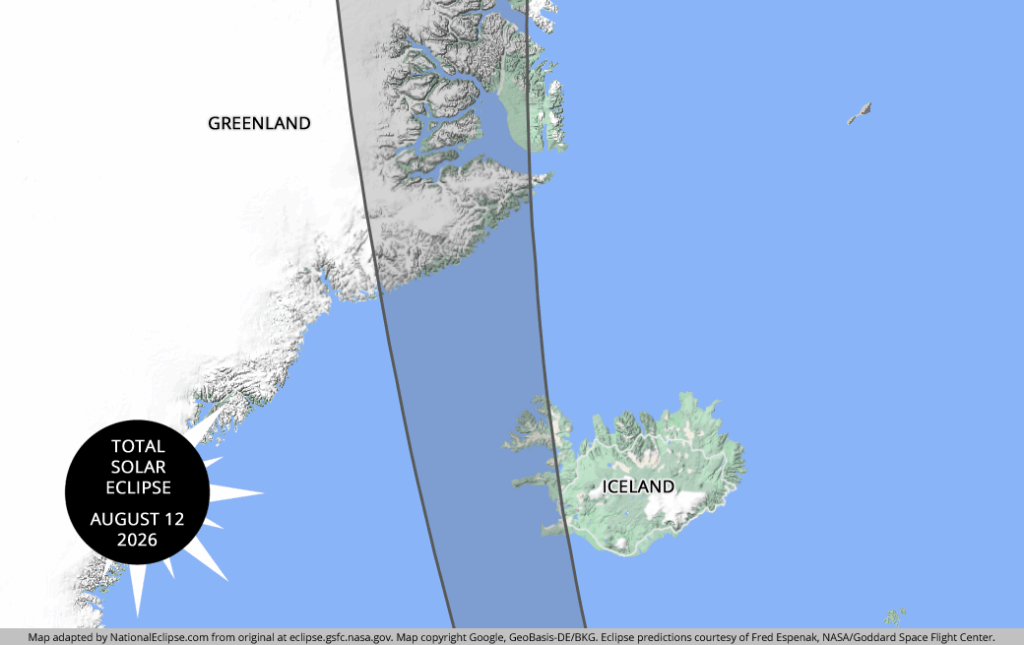 Map showing the path of totality for the 2026 Solar Eclipse in Iceland and Greenland