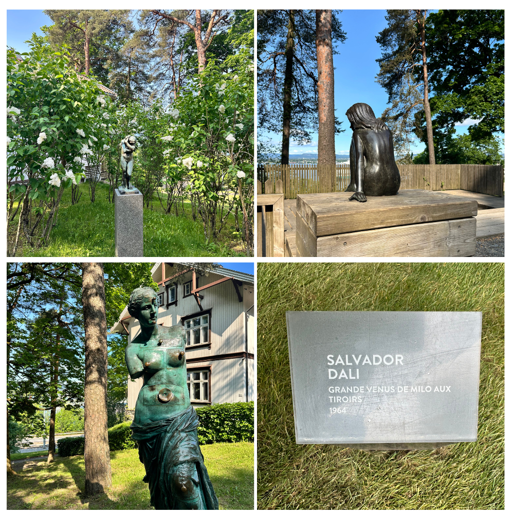 4 images showing sculptures at Ekebergparken Sculpture Park, including a Salvador Dali Sculpture