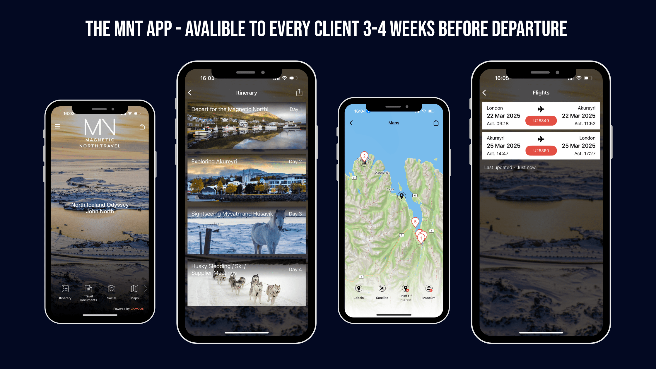 screenshots of the Magnetic North Travel app - showing tailor-made day by day itinerary, maps and flight details 