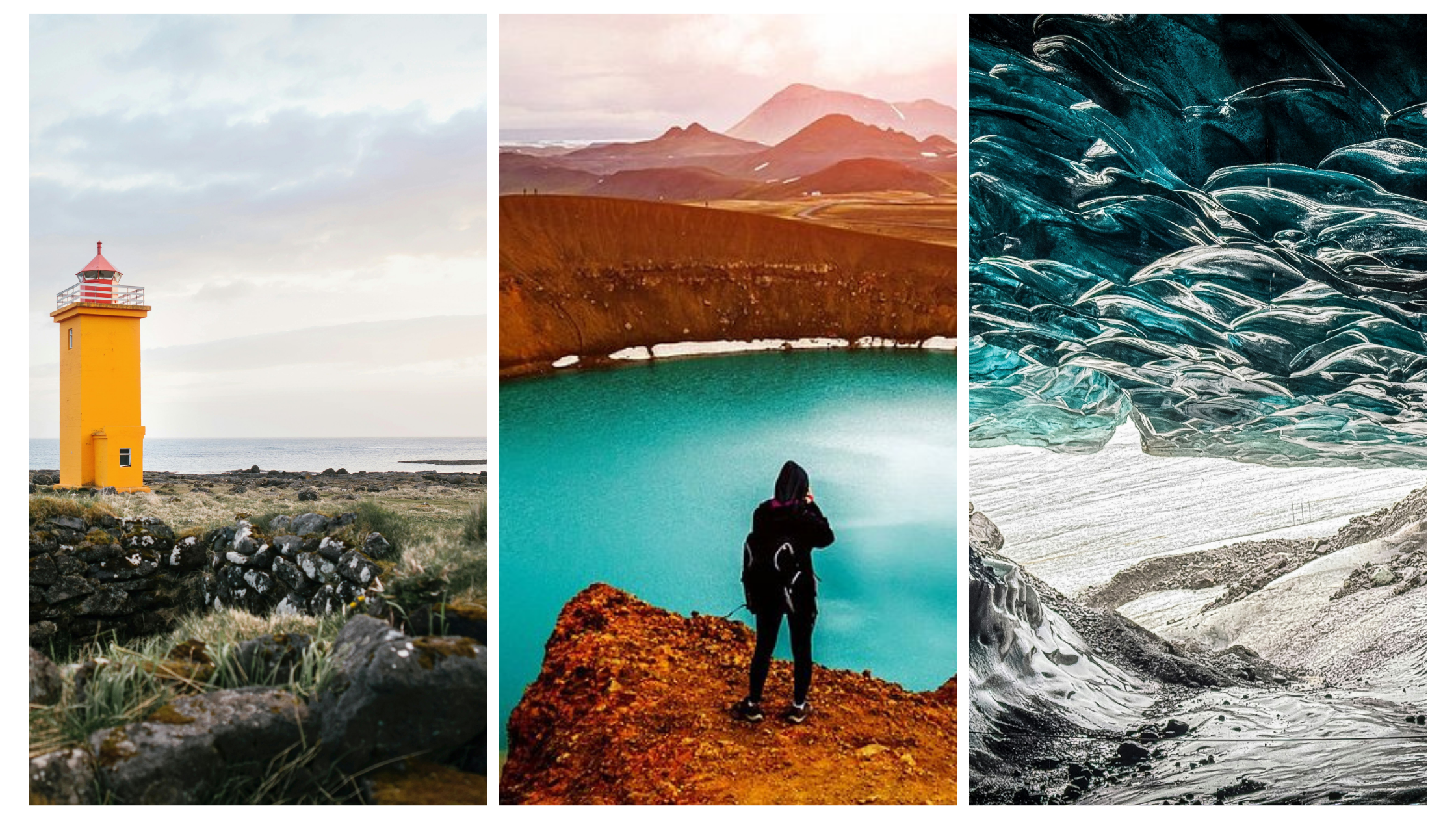 Images of a yellow light house on a cliff edge with the coast in the background, a person standing on the edge of a lagoon and an icecave.
